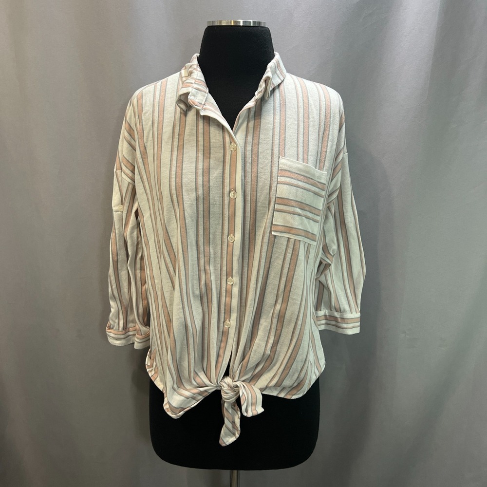 Eden & Olivia Button Up Shirt Womens Medium Multi Striped Long Sleeve Tie-Front
